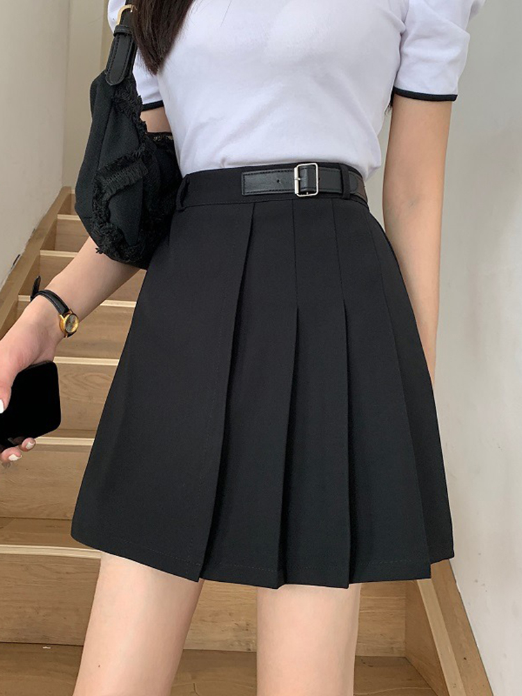 春夏季新款女裝韓版不規則設計感百褶短裙高腰顯瘦小黑裙半身裙子