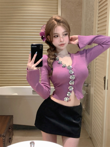 Real shot~Purple heavy industry sequins three-dimensional flower decoration design V-neck slimming stretch knitwear for women