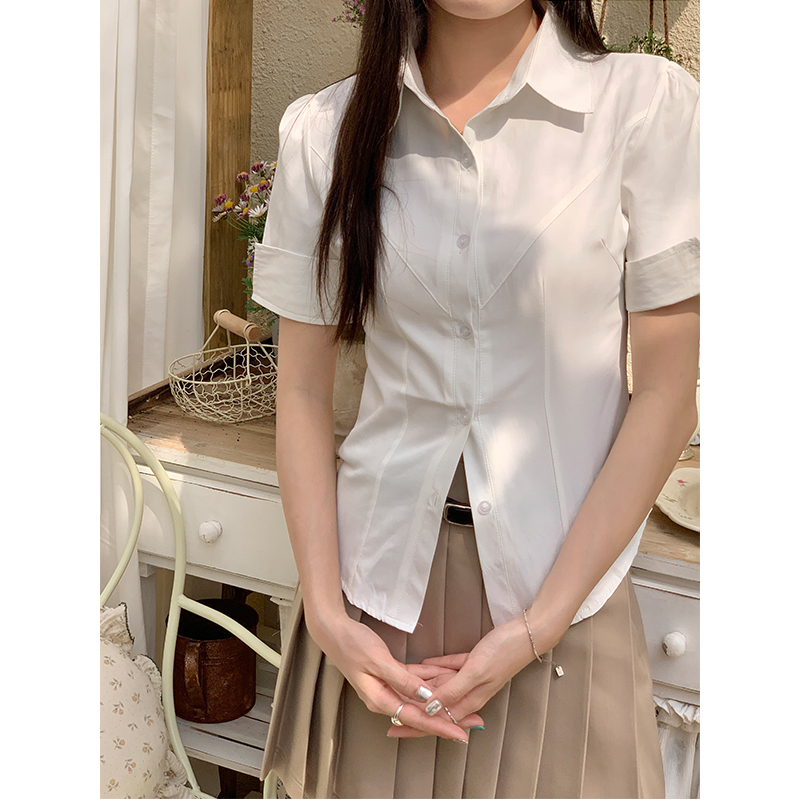 Real shot of American college style waist-cinching single-breasted shirt for women, new style chic right-shoulder top for small people