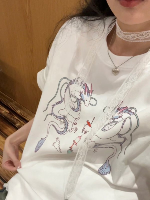 國潮牌原創龍年卡通印花美式寬鬆短袖T恤女夏季新款重磅純棉上衣