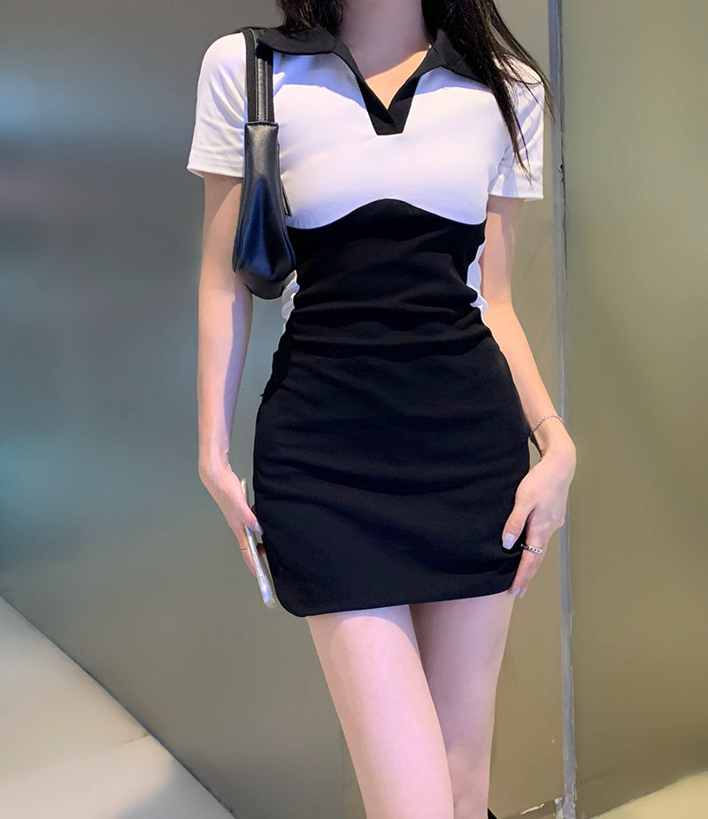 純欲拼接撞色polo領緊身連衣裙女2024夏季新款小個子設計小眾裙子