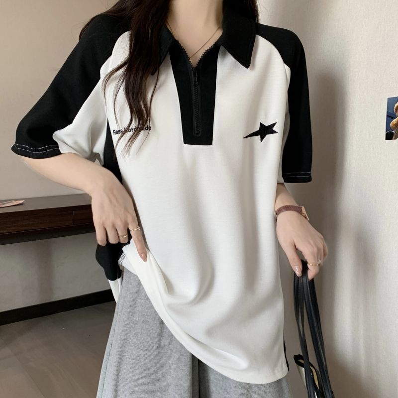 實拍  6535珠地22%棉 80%塗2024夏裝刺繡短袖T恤女拉鏈