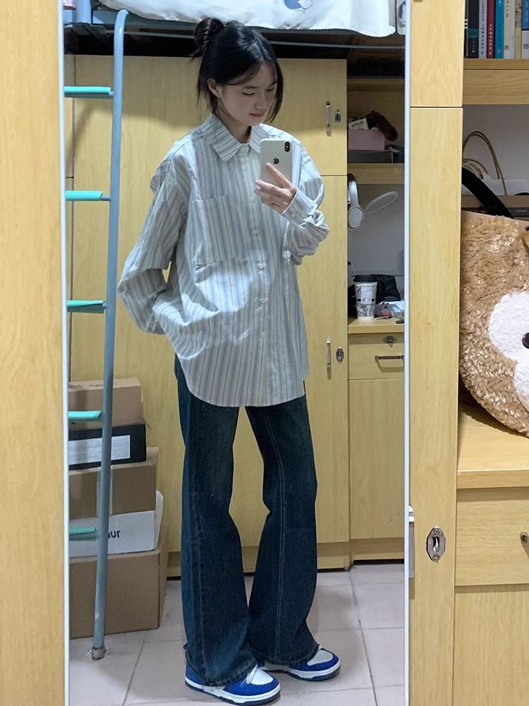 原版布料質量240斤特大碼設計感小眾條紋長袖襯衫