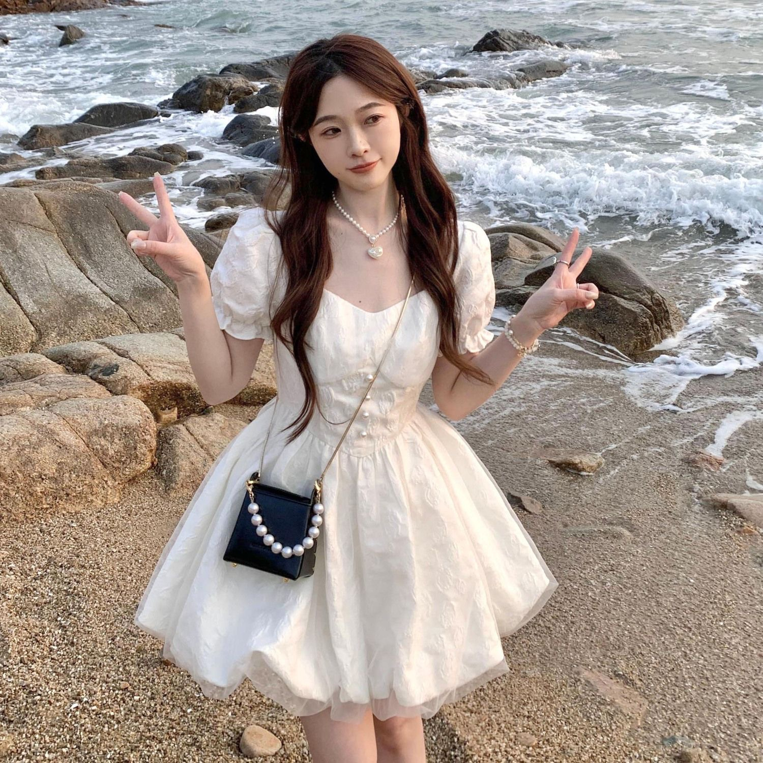 學院風白色甜美公主連衣裙小個子森系奶甜韓系夏季收腰顯瘦花苞裙