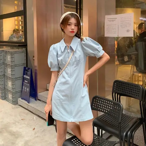 2024新款泡泡短袖茶歇ins風短裙夏裝洋氣時尚法式收腰連衣裙女潮