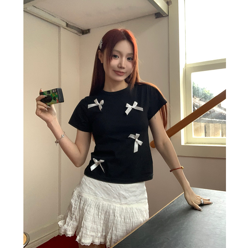 Actual shot Korean style street ribbon bow versatile slim short sleeve T-shirt top