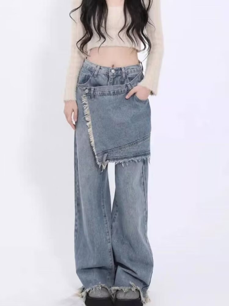大碼胖妹妹設計感小眾拼接牛仔褲女春季韓版顯瘦直筒拖地闊腿褲潮