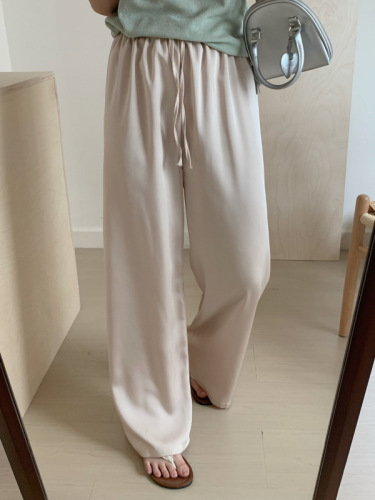 Real shot of drawstring drape imitation acetate slippery pants elastic high waist straight slim casual summer cool pants for women