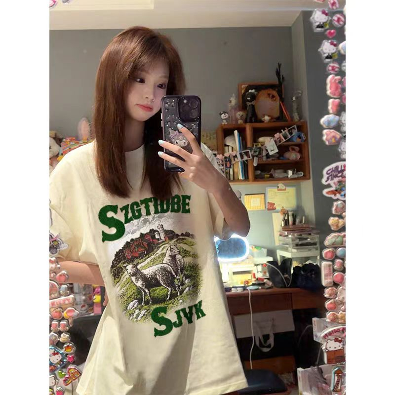 純棉重磅美式復古短袖t恤女2024新款夏季ins潮牌設計感寬鬆上衣服