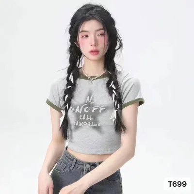 2024夏季新款設計感甜辣圓領印花後背鏤空系帶短袖上衣女