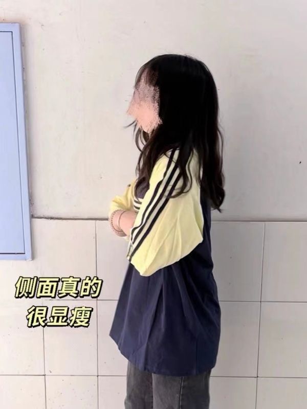 美式復古拼接三條杆短袖t恤女2024年新款夏寬鬆高街國潮情侶上衣