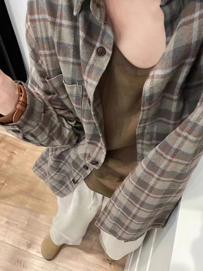 原版純棉色織復古綠格子襯衫女春秋新款設計小眾襯衣