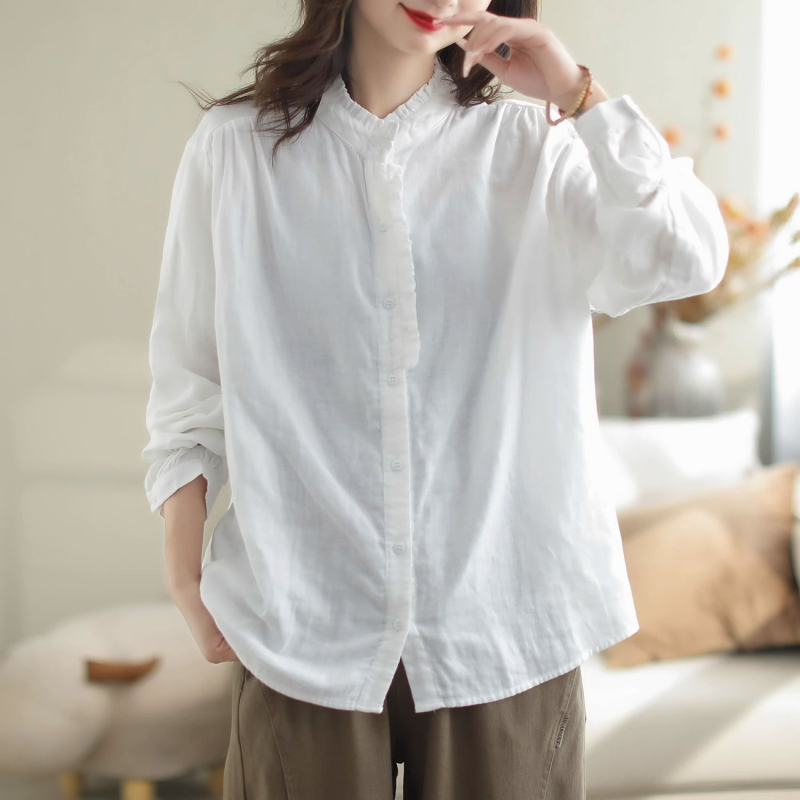 春夏棉麻長袖襯衫女新款秋裝休閒上衣拼接百搭女裝開衫襯衣木耳邊