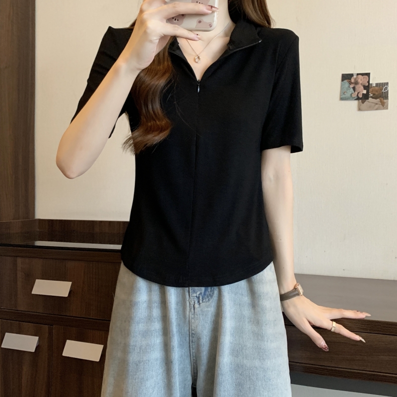 實拍  40支純棉 2024夏裝純色半拉鏈短袖t恤女不規則
