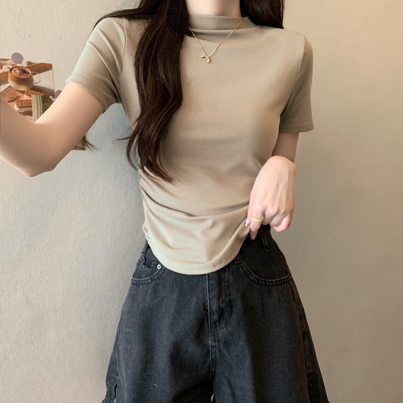 實拍  40支純棉 2024夏裝 半高領修身短袖T恤女打底衫