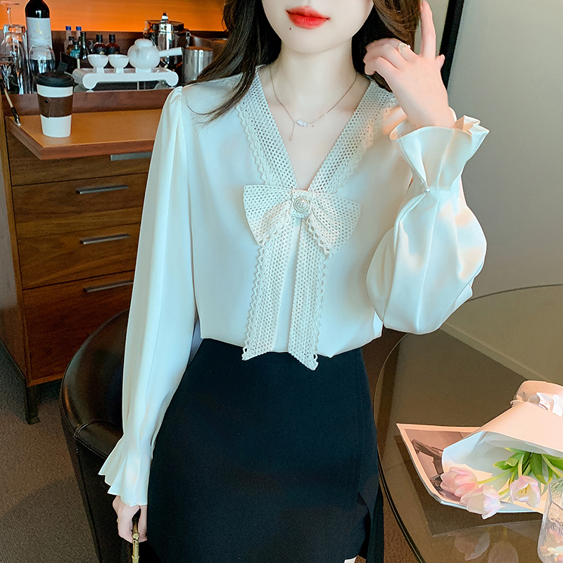 實拍  2024春秋季新款白色襯衫女優雅蝴蝶結百搭小衫上衣長袖