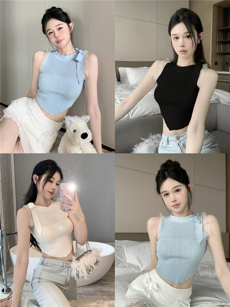 天貓品質背心女夏季無袖內搭蝴蝶結不規則設計感小眾短款上衣