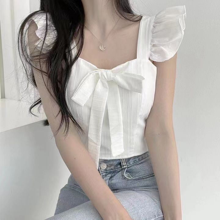 法式小心機短款韓版甜美設計感荷葉邊蝴蝶結系帶一體式吊帶背心