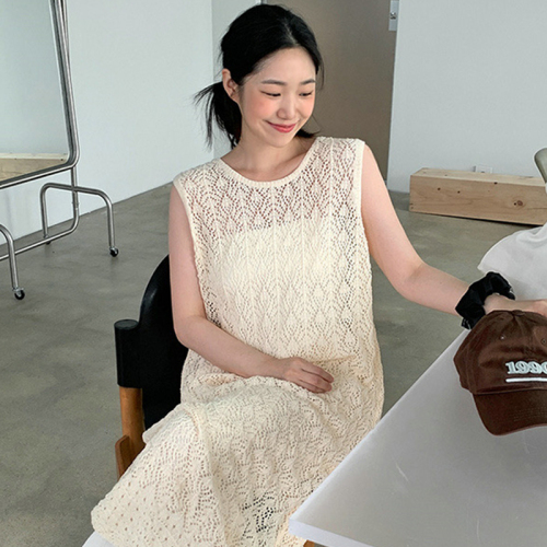 韩国chic夏季复古气质圆领蕾丝镂空设计后开叉无袖针织背心连衣裙