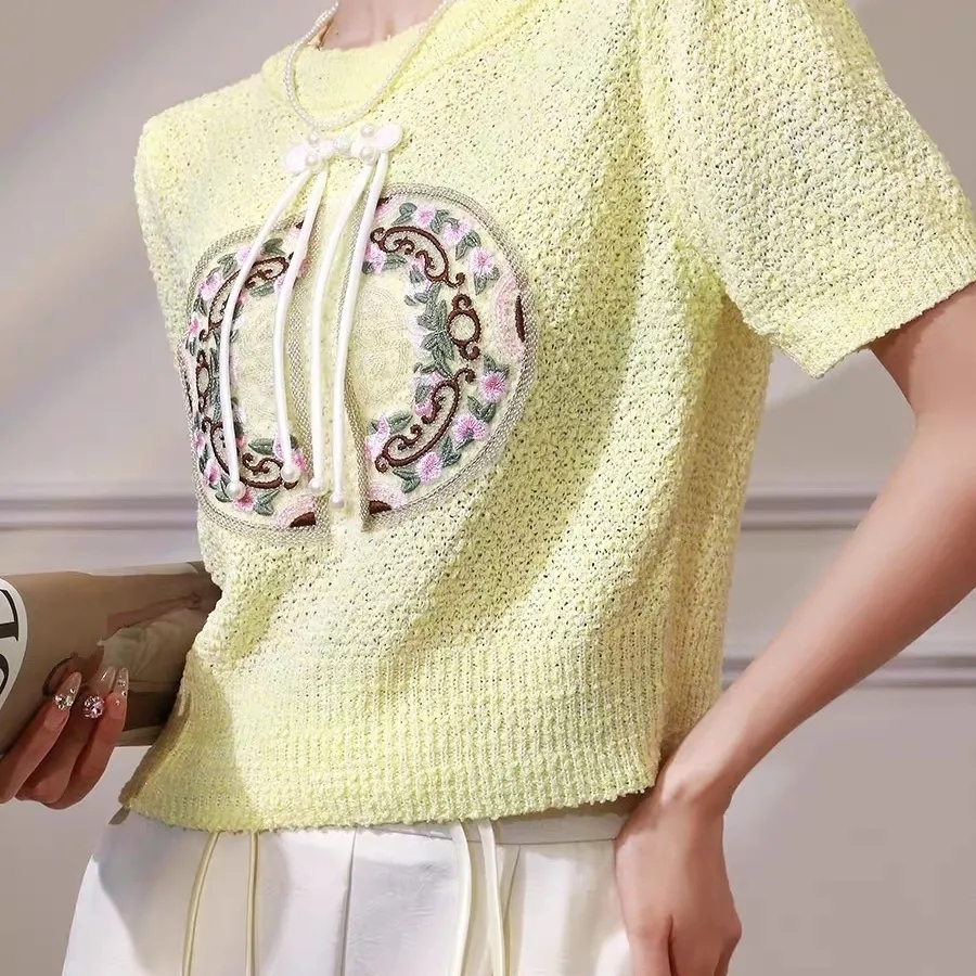 天貓質量新中式國風刺繡短袖上衣女2024夏季復古小眾盤扣寬鬆
