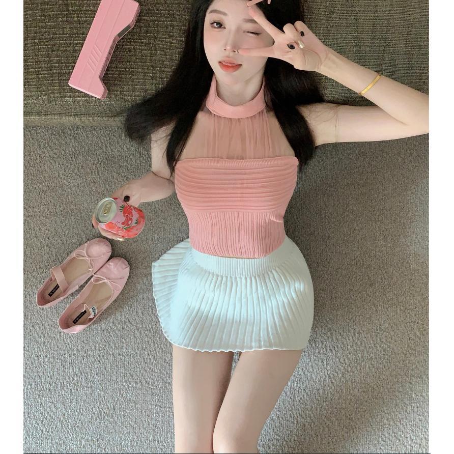 天貓質量掛脖吊帶女夏裹胸內搭法式別致抹胸辣妹性感針織上衣
