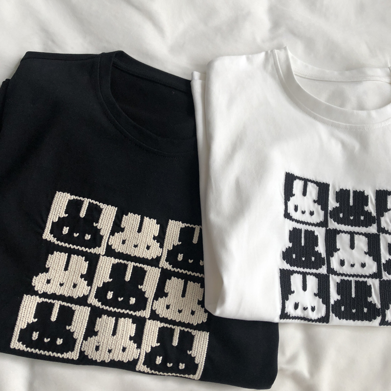 純棉後包條200克精梳緊密 新款短袖t恤女刺繡兔子 天貓質量