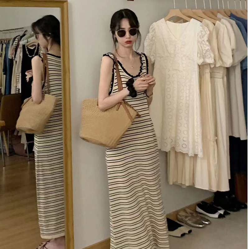 法式條紋背心連衣裙女新款夏季無袖高級感小個子長裙子