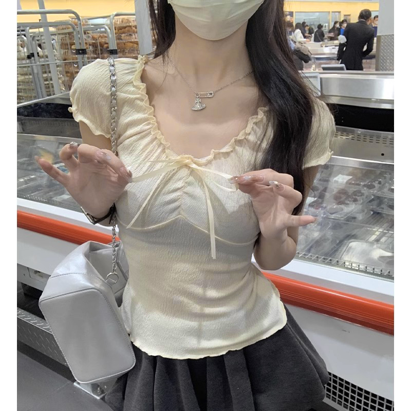 夏季新款V領花邊T恤女短款抽繩設計感小眾半袖上衣