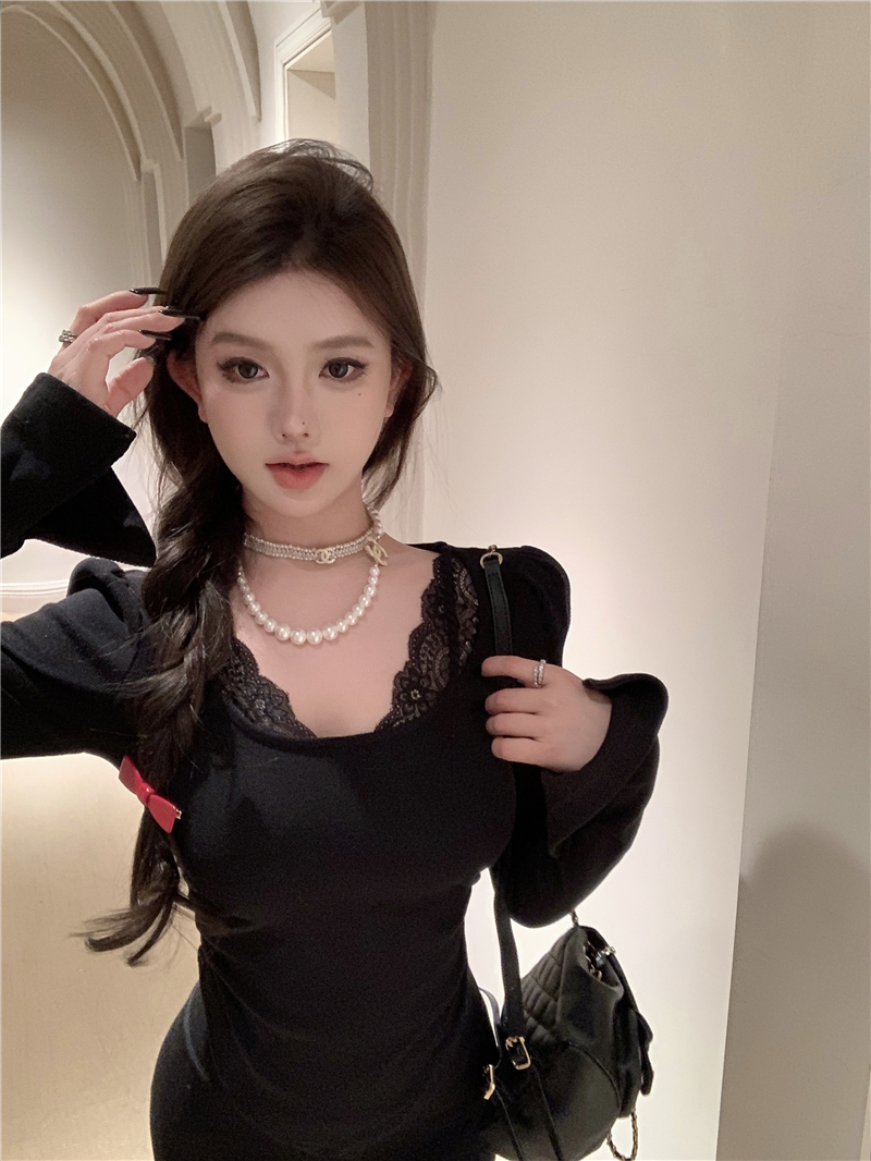 Real shot~Fake lace splicing two-piece versatile short bottoming shirt for autumn and winter to look slimmer