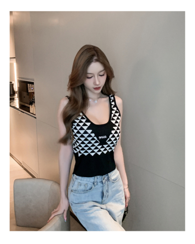 Hot Girl Plaid Vest Suspender Women's Summer Versatile Letter Contrast Color Checkerboard Checkerboard Designed Short Top for Inner and Outerwear