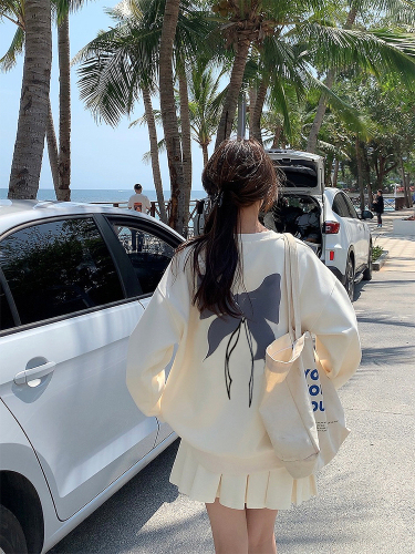 Actual shot of early spring Korean chic simple back bow print fashion suit sweatshirt + skirt