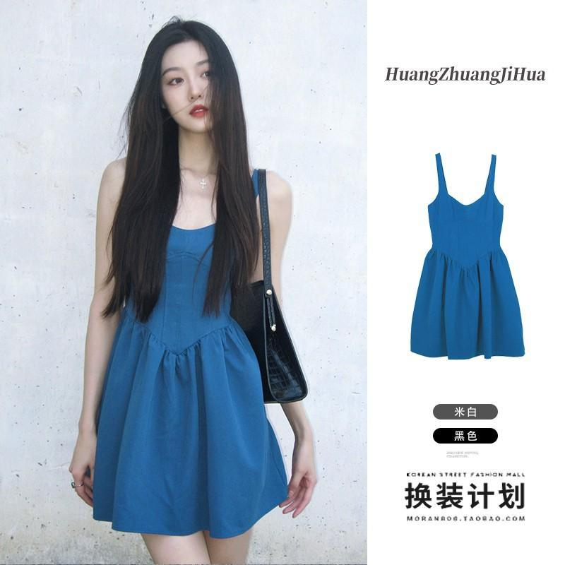 有拉鏈 藝術生克萊因藍連衣裙女夏季可愛減齡小個子別致吊帶裙