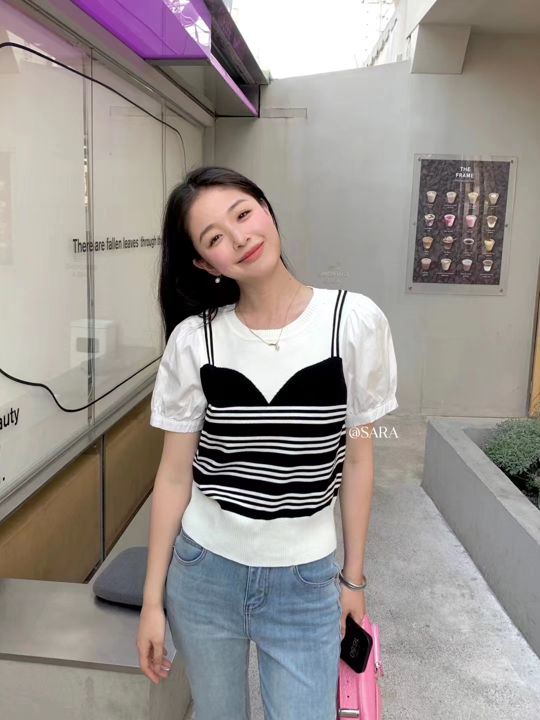 SARA春季針織衫女韓版新款圓領溫柔風淑女拼接洋氣休閒短袖上衣潮
