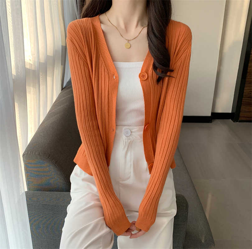 實拍長袖V領毛衣開衫外套女春季2024新款韓版寬鬆百搭短款針織衫