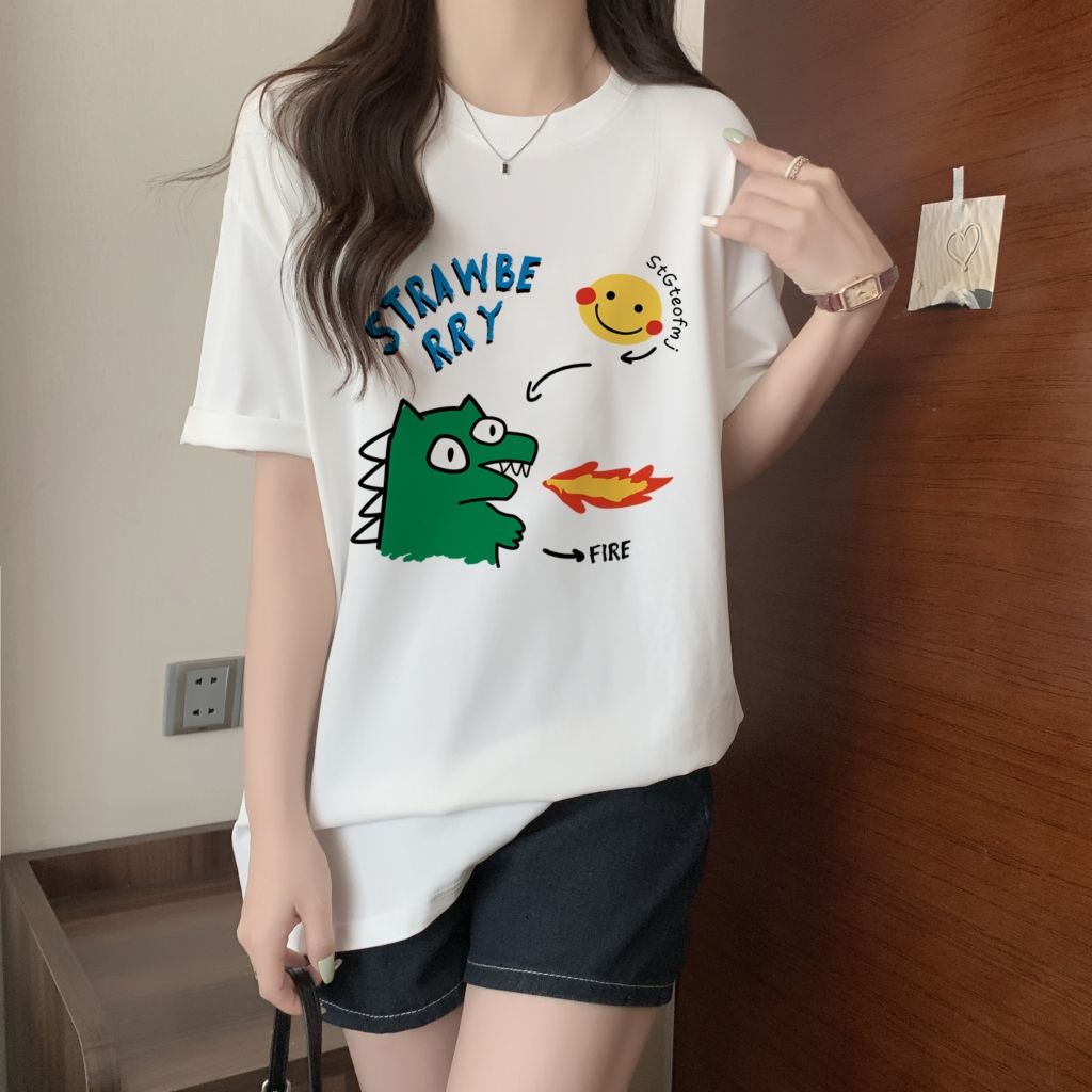 實拍 100%棉精梳純棉 印花夏裝短袖T恤女寬鬆韓版