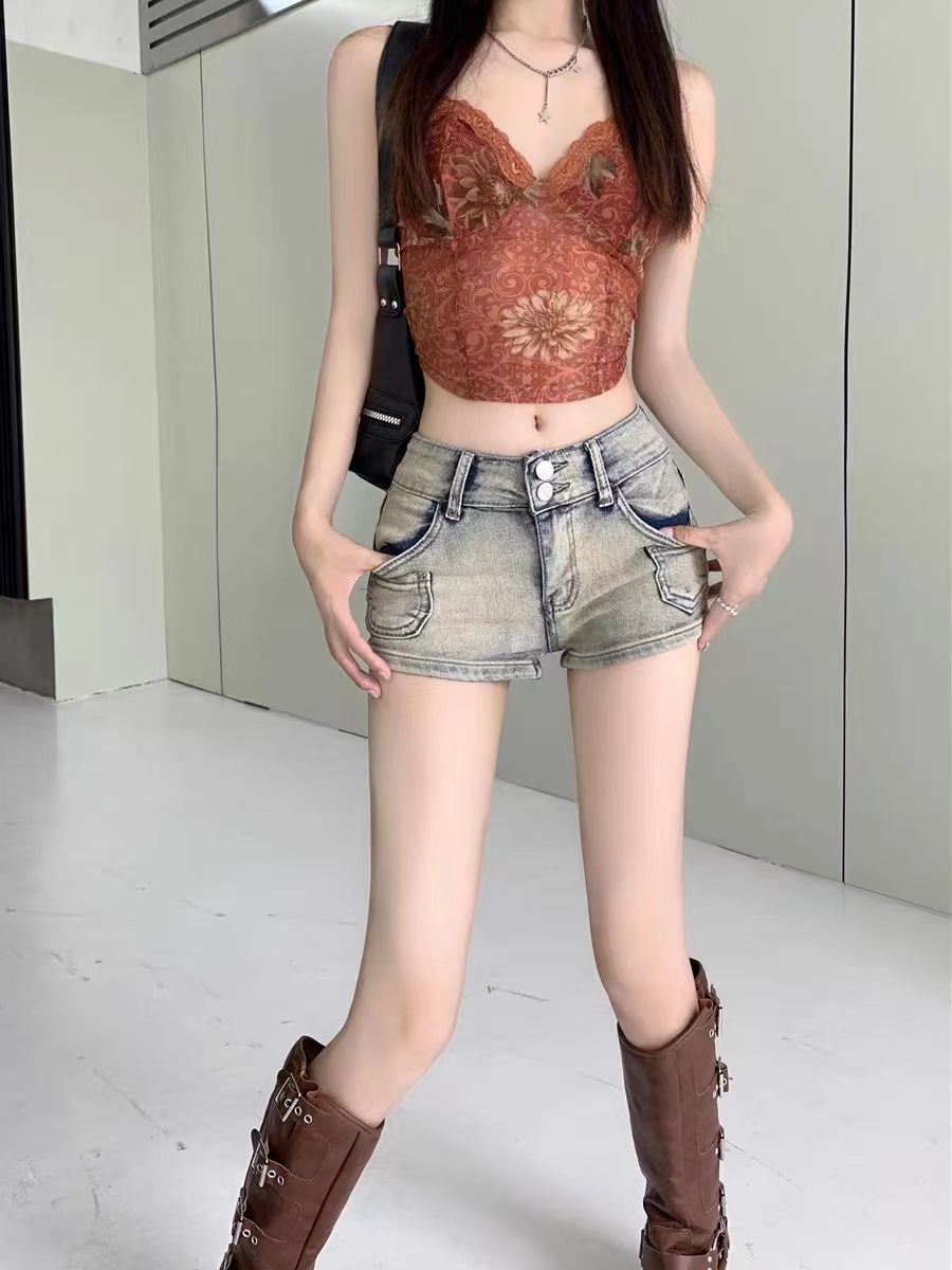 夏季美式辣妹彈力牛仔短褲女彈力復古新款高腰顯瘦直筒褲子顯腿長