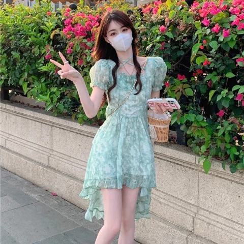 雪紡面料 綠野仙蹤法式方領連衣裙夏季新款設計感不規則超仙氣質