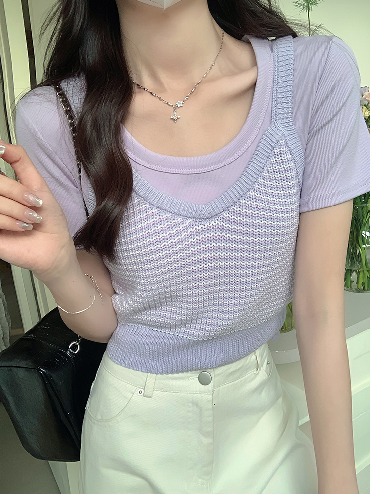 Real shot Spring new fashion short-sleeved T-shirt + knitted waist design suspender sweater two-piece set