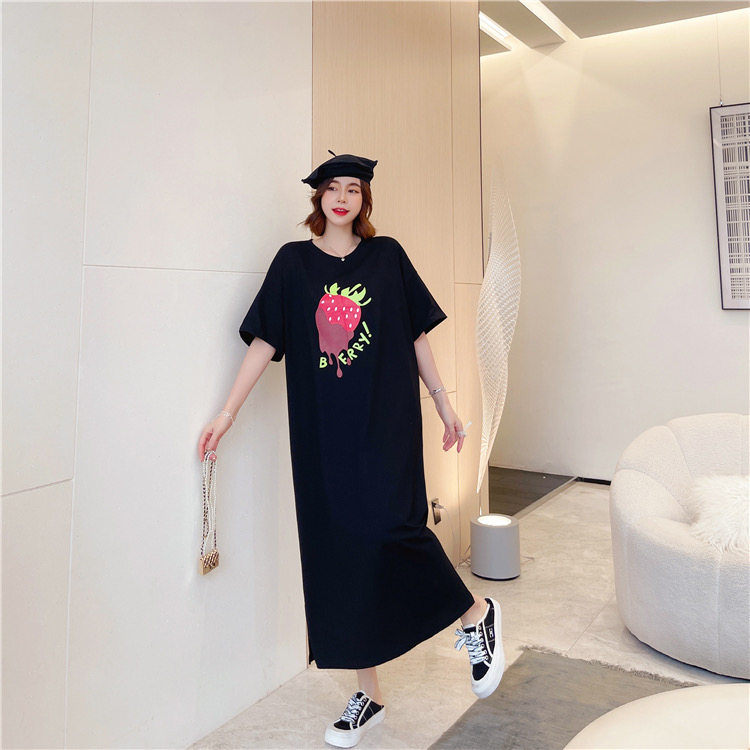 新款大版草莓印花T恤連衣裙女寬鬆顯瘦MM短袖裙子