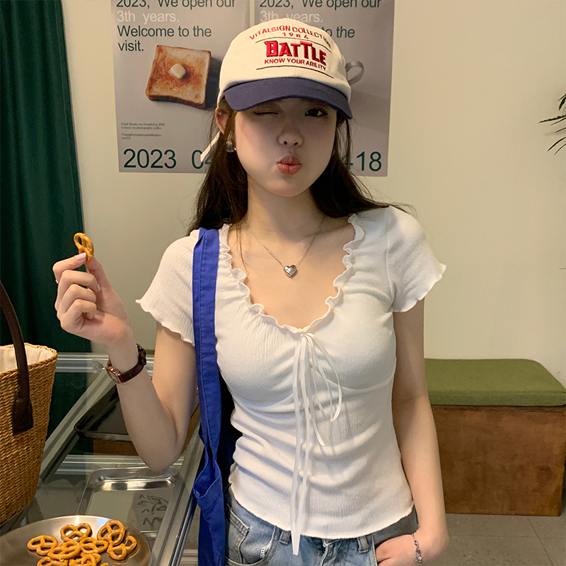 Real shot of hot girl pure desire pleated fungus outer top summer sexy slim pure desire short T-shirt