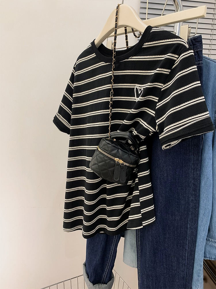 Printed 21 count super cool cotton 200g back collar 240kg large size striped design T-shirt for women