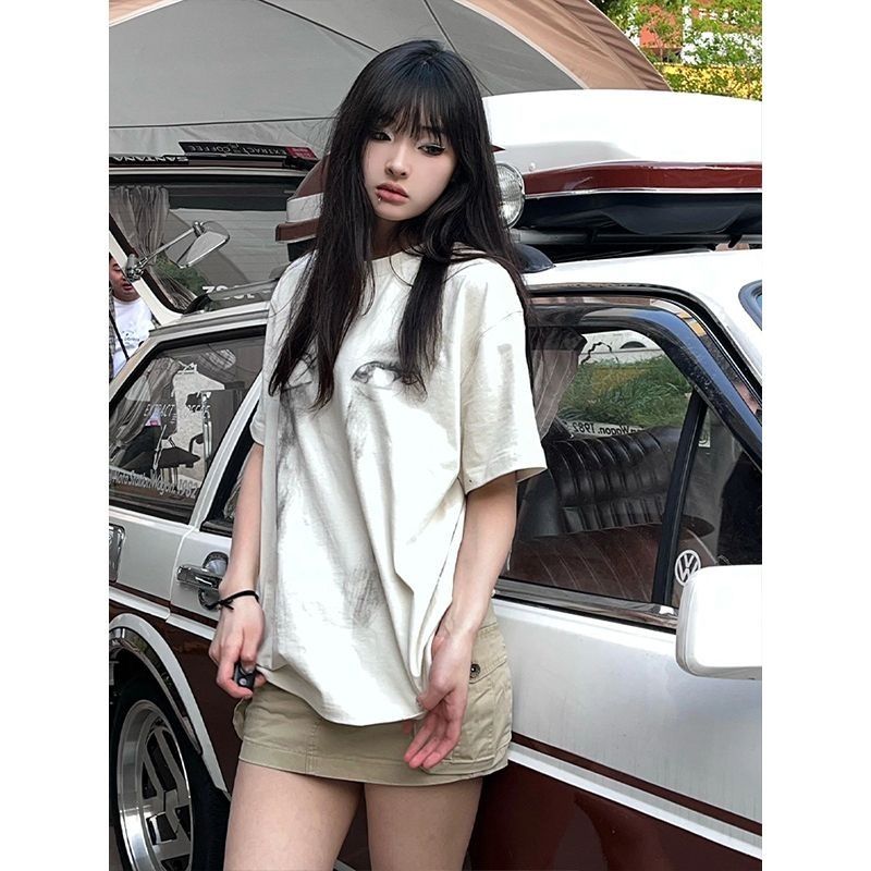 美式復古大眼塗鴉印花短袖T恤女夏季寬鬆慵懶風時尚炸街上衣ins潮