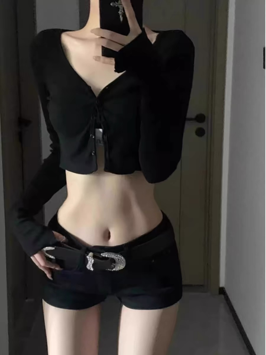 黑色低腰緊身彈力牛仔超短褲女2024夏季新款修身顯瘦闊腿包臀熱褲