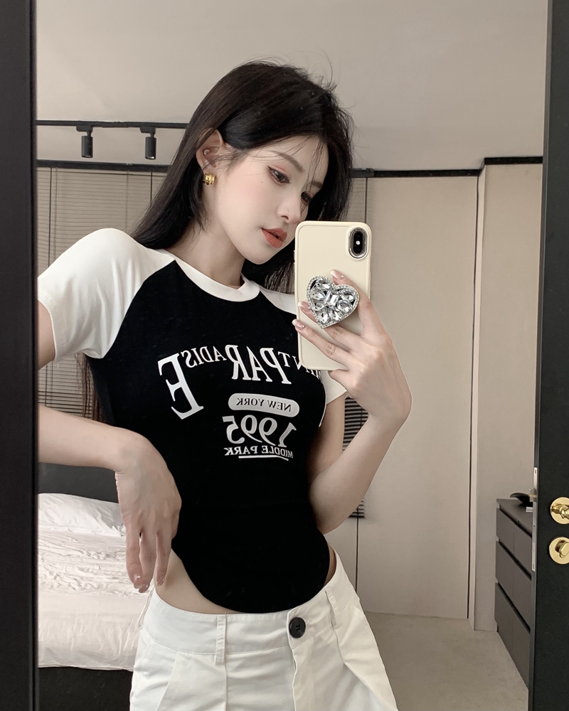 實拍夏季辣妹風字母印花插肩袖短款短袖T恤ins顯胸露臍上衣