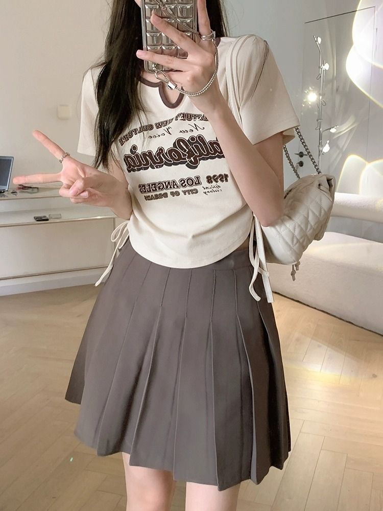 修身顯瘦內搭打底短袖抽繩T恤女新款韓版字母印花上衣ins