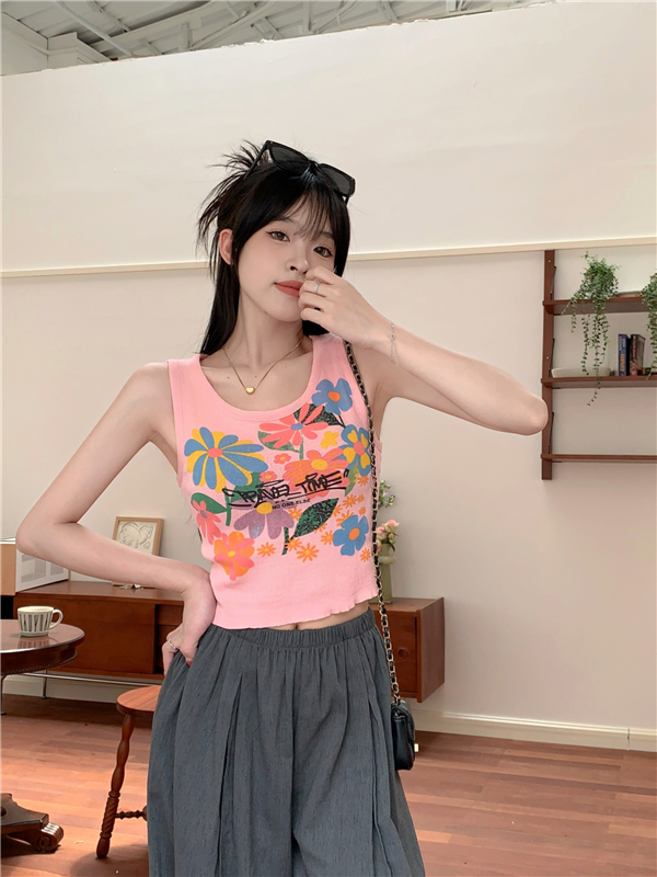 實拍 彩色花朵印花工字背心女夏季新款百搭無袖短款上衣