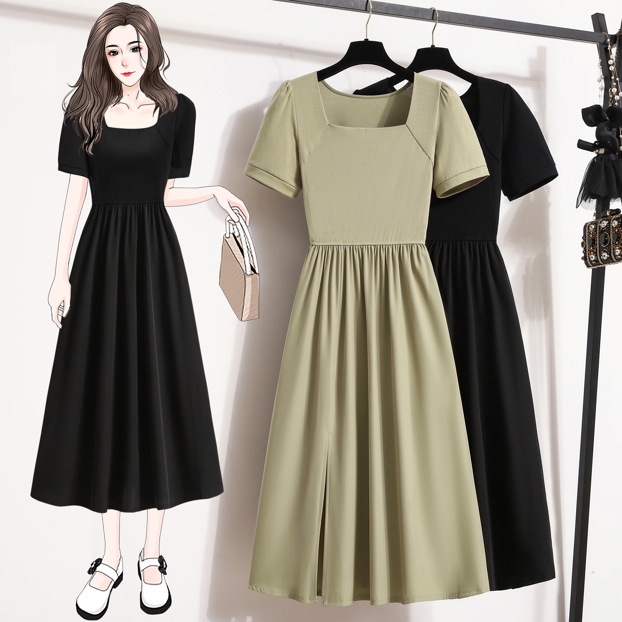 B006 Real shot of plus-size women's French square-neck temperament high-waisted slimming short-sleeved dress with flesh-covering slits