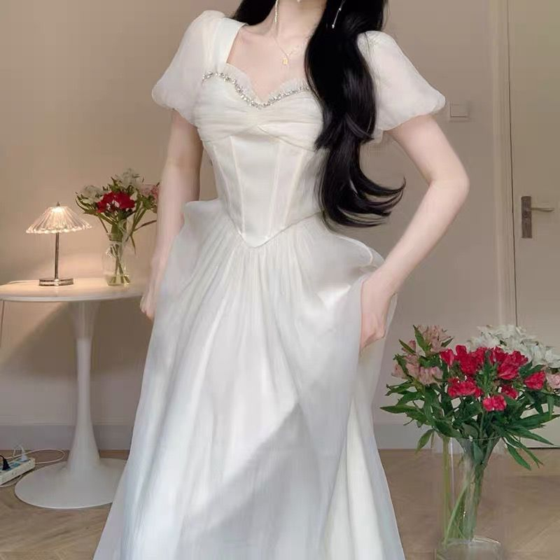 重工生日裙 白色釘珠高級輕盈感仙女裙夏中長款雪紡公主a字連衣裙