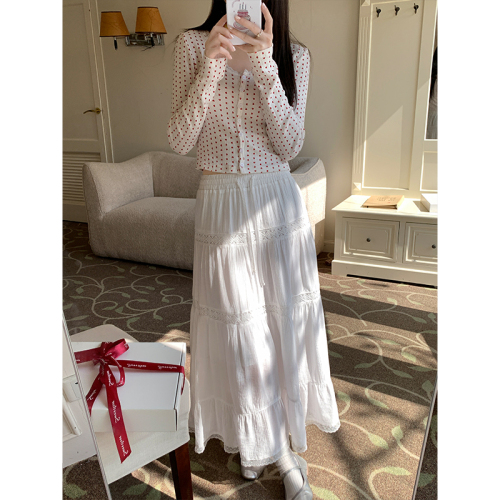 Real shot of heavy industry hollow lace splicing white long skirt umbrella skirt 2024 pure lust style elastic waist skirt with lining