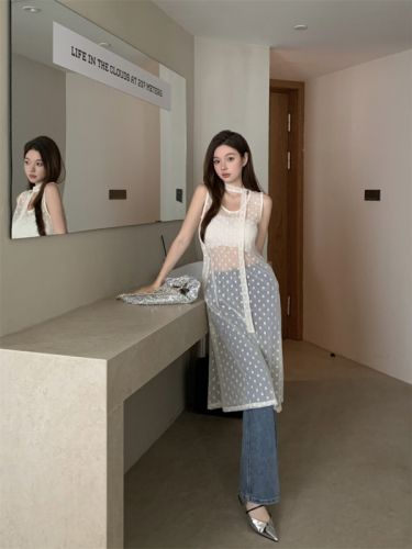Real shot of pure desire design three-dimensional flower see-through blouse layered dress skirt with streamers